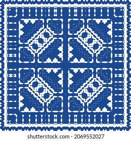 Ceramic tiles azulejo portugal. Colored design. Vector seamless pattern frame. Blue ethnic background for T-shirts, scrapbooking, linens, smartphone cases or bags.