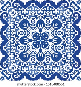 Ceramic tiles azulejo portugal. Creative design. Vector seamless pattern trellis. Blue ethnic background for T-shirts, scrapbooking, linens, smartphone cases or bags.