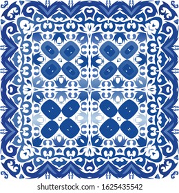 Ceramic tiles azulejo portugal. Creative design. Vector seamless pattern template. Blue ethnic background for T-shirts, scrapbooking, linens, smartphone cases or bags.
