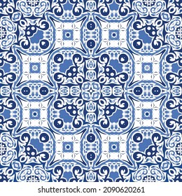 Ceramic tiles azulejo portugal. Creative design. Vector seamless pattern texture. Blue ethnic background for T-shirts, scrapbooking, linens, smartphone cases or bags.