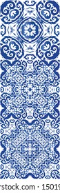 Ceramic tiles azulejo portugal. Fashionable design. Collection of vector seamless patterns. Blue ethnic backgrounds for T-shirts, scrapbooking, linens, smartphone cases or bags.