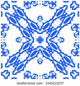 Ceramic tiles azulejo portugal. Fashionable design. Vector seamless pattern concept. Blue ethnic background for T-shirts, scrapbooking, linens, smartphone cases or bags.