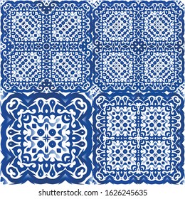 Ceramic tiles azulejo portugal. Fashionable design. Set of vector seamless patterns. Blue ethnic backgrounds for T-shirts, scrapbooking, linens, smartphone cases or bags.