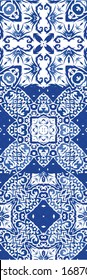 Ceramic tiles azulejo portugal. Fashionable design. Set of vector seamless patterns. Blue ethnic backgrounds for T-shirts, scrapbooking, linens, smartphone cases or bags.