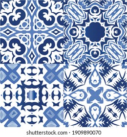 Ceramic tiles azulejo portugal. Fashionable design. Set of vector seamless patterns. Blue ethnic backgrounds for T-shirts, scrapbooking, linens, smartphone cases or bags.