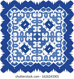 Ceramic tiles azulejo portugal. Geometric design. Vector seamless pattern flyer. Blue ethnic background for T-shirts, scrapbooking, linens, smartphone cases or bags.