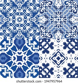 Ceramic tiles azulejo portugal. Geometric design. Set of vector seamless patterns. Blue ethnic backgrounds for T-shirts, scrapbooking, linens, smartphone cases or bags.