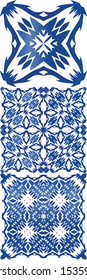 Ceramic tiles azulejo portugal. Graphic design. Set of vector seamless patterns. Blue ethnic backgrounds for T-shirts, scrapbooking, linens, smartphone cases or bags.