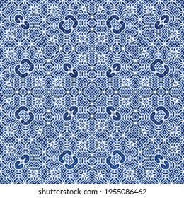 Ceramic tiles azulejo portugal. Hand drawn design. Vector seamless pattern flyer. Blue ethnic background for T-shirts, scrapbooking, linens, smartphone cases or bags.