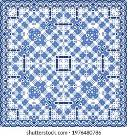 Ceramic tiles azulejo portugal. Hand drawn design. Vector seamless pattern flyer. Blue ethnic background for T-shirts, scrapbooking, linens, smartphone cases or bags.