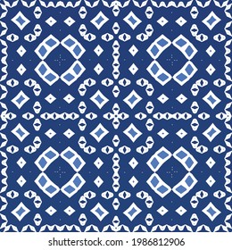 Ceramic tiles azulejo portugal. Hand drawn design. Vector seamless pattern flyer. Blue ethnic background for T-shirts, scrapbooking, linens, smartphone cases or bags.