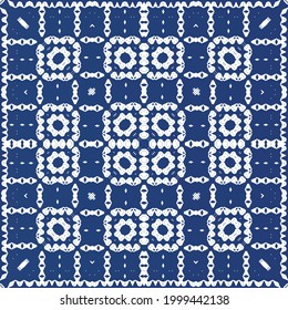 Ceramic tiles azulejo portugal. Hand drawn design. Vector seamless pattern flyer. Blue ethnic background for T-shirts, scrapbooking, linens, smartphone cases or bags.