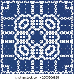 Ceramic tiles azulejo portugal. Hand drawn design. Vector seamless pattern flyer. Blue ethnic background for T-shirts, scrapbooking, linens, smartphone cases or bags.
