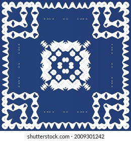 Ceramic tiles azulejo portugal. Hand drawn design. Vector seamless pattern flyer. Blue ethnic background for T-shirts, scrapbooking, linens, smartphone cases or bags.