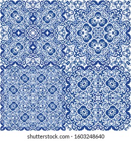 Ceramic tiles azulejo portugal. Kit of vector seamless patterns. Modern design. Blue ethnic backgrounds for T-shirts, scrapbooking, linens, smartphone cases or bags.