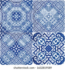 Ceramic tiles azulejo portugal. Kit of vector seamless patterns. Modern design. Blue ethnic backgrounds for T-shirts, scrapbooking, linens, smartphone cases or bags.