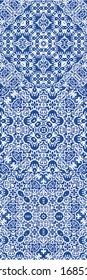 Ceramic tiles azulejo portugal. Kit of vector seamless patterns. Geometric design. Blue ethnic backgrounds for T-shirts, scrapbooking, linens, smartphone cases or bags.