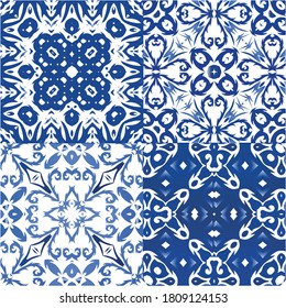 Ceramic tiles azulejo portugal. Kit of vector seamless patterns. Original design. Blue ethnic backgrounds for T-shirts, scrapbooking, linens, smartphone cases or bags.
