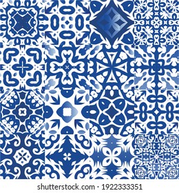 Ceramic tiles azulejo portugal. Kit of vector seamless patterns. Stylish design. Blue ethnic backgrounds for T-shirts, scrapbooking, linens, smartphone cases or bags.