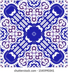 Ceramic tiles azulejo portugal. Kitchen design. Vector seamless pattern trellis. Blue ethnic background for T-shirts, scrapbooking, linens, smartphone cases or bags.