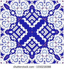 Ceramic tiles azulejo portugal. Kitchen design. Vector seamless pattern trellis. Blue ethnic background for T-shirts, scrapbooking, linens, smartphone cases or bags.