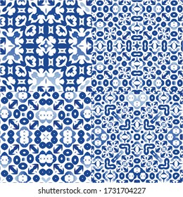 Ceramic tiles azulejo portugal. Kitchen design. Set of vector seamless patterns. Blue ethnic backgrounds for T-shirts, scrapbooking, linens, smartphone cases or bags.