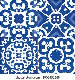 Ceramic tiles azulejo portugal. Kitchen design. Collection of vector seamless patterns. Blue ethnic backgrounds for T-shirts, scrapbooking, linens, smartphone cases or bags.