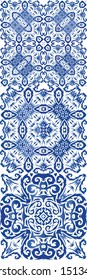 Ceramic tiles azulejo portugal. Minimal design. Kit of vector seamless patterns. Blue ethnic backgrounds for T-shirts, scrapbooking, linens, smartphone cases or bags.