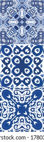 Ceramic tiles azulejo portugal. Minimal design. Kit of vector seamless patterns. Blue ethnic backgrounds for T-shirts, scrapbooking, linens, smartphone cases or bags.