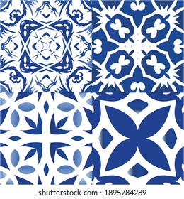 Ceramic tiles azulejo portugal. Modern design. Kit of vector seamless patterns. Blue ethnic backgrounds for T-shirts, scrapbooking, linens, smartphone cases or bags.