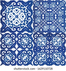 Ceramic tiles azulejo portugal. Original design. Kit of vector seamless patterns. Blue ethnic backgrounds for T-shirts, scrapbooking, linens, smartphone cases or bags.