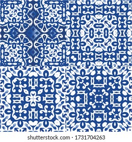 Ceramic tiles azulejo portugal. Original design. Collection of vector seamless patterns. Blue ethnic backgrounds for T-shirts, scrapbooking, linens, smartphone cases or bags.