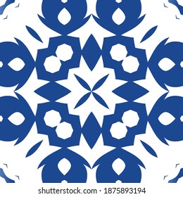 Ceramic tiles azulejo portugal. Original design. Vector seamless pattern texture. Blue ethnic background for T-shirts, scrapbooking, linens, smartphone cases or bags.