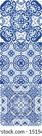 Ceramic tiles azulejo portugal. Set of vector seamless patterns. Hand drawn design. Blue ethnic backgrounds for T-shirts, scrapbooking, linens, smartphone cases or bags.