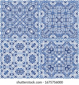 Ceramic tiles azulejo portugal. Set of vector seamless patterns. Modern design. Blue ethnic backgrounds for T-shirts, scrapbooking, linens, smartphone cases or bags.