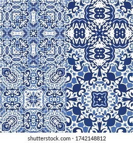 Ceramic tiles azulejo portugal. Set of vector seamless patterns. Bathroom design. Blue ethnic backgrounds for T-shirts, scrapbooking, linens, smartphone cases or bags.