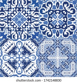 Ceramic tiles azulejo portugal. Set of vector seamless patterns. Universal design. Blue ethnic backgrounds for T-shirts, scrapbooking, linens, smartphone cases or bags.