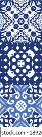Ceramic tiles azulejo portugal. Set of vector seamless patterns. Universal design. Blue ethnic backgrounds for T-shirts, scrapbooking, linens, smartphone cases or bags.
