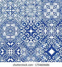 Ceramic tiles azulejo portugal. Stylish design. Set of vector seamless patterns. Blue ethnic backgrounds for T-shirts, scrapbooking, linens, smartphone cases or bags.