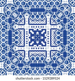 Ceramic tiles azulejo portugal. Universal design. Vector seamless pattern trellis. Blue ethnic background for T-shirts, scrapbooking, linens, smartphone cases or bags.