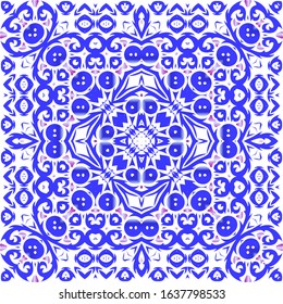 Ceramic tiles azulejo portugal. Universal design. Vector seamless pattern trellis. Blue ethnic background for T-shirts, scrapbooking, linens, smartphone cases or bags.