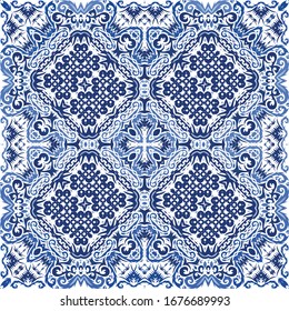 Ceramic tiles azulejo portugal. Universal design. Vector seamless pattern illustration. Blue ethnic background for T-shirts, scrapbooking, linens, smartphone cases or bags.