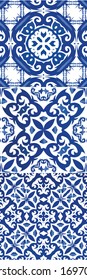 Ceramic tiles azulejo portugal. Universal design. Kit of vector seamless patterns. Blue ethnic backgrounds for T-shirts, scrapbooking, linens, smartphone cases or bags.