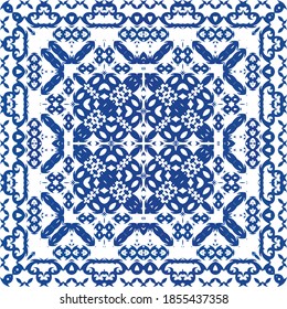 Ceramic tiles azulejo portugal. Universal design. Vector seamless pattern trellis. Blue ethnic background for T-shirts, scrapbooking, linens, smartphone cases or bags.