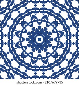 Ceramic tiles azulejo portugal. Universal design. Vector seamless pattern arabesque. Blue ethnic background for T-shirts, scrapbooking, linens, smartphone cases or bags.