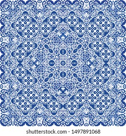 Ceramic tiles azulejo portugal. Vector seamless pattern watercolor. Minimal design. Blue ethnic background for T-shirts, scrapbooking, linens, smartphone cases or bags.
