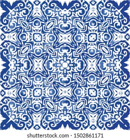 Ceramic tiles azulejo portugal. Vector seamless pattern template. Bathroom design. Blue ethnic background for T-shirts, scrapbooking, linens, smartphone cases or bags.