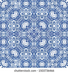 Ceramic tiles azulejo portugal. Vector seamless pattern template. Bathroom design. Blue ethnic background for T-shirts, scrapbooking, linens, smartphone cases or bags.