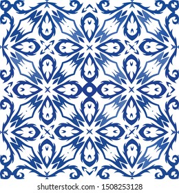 Ceramic tiles azulejo portugal. Vector seamless pattern frame. Original design. Blue ethnic background for T-shirts, scrapbooking, linens, smartphone cases or bags.