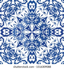 Ceramic tiles azulejo portugal. Vector seamless pattern collage. Stylish design. Blue ethnic background for T-shirts, scrapbooking, linens, smartphone cases or bags.